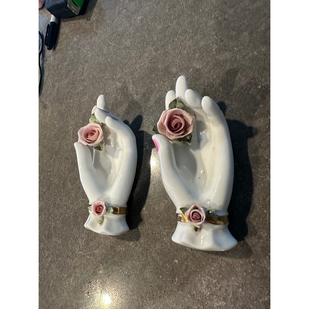 Lefton China Vintage Porcelain Hand Trinket Dish Set Pink Roses Gold Japan 2pc